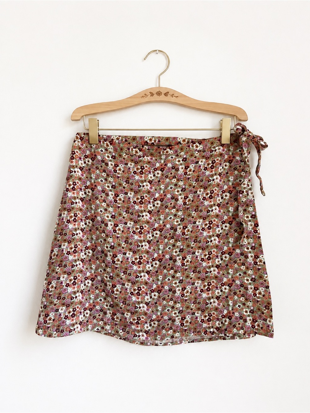 Sunday Best Ditsy Floral Wrap Mini Skirt - Pink, Brown, Green